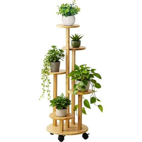 Support de Fleurs en Bambou, Haut et Bas, en Disque, avec Roulettes Pour Balcon, Salon, Intérieur, Étagère Plante Décorative (1/5)