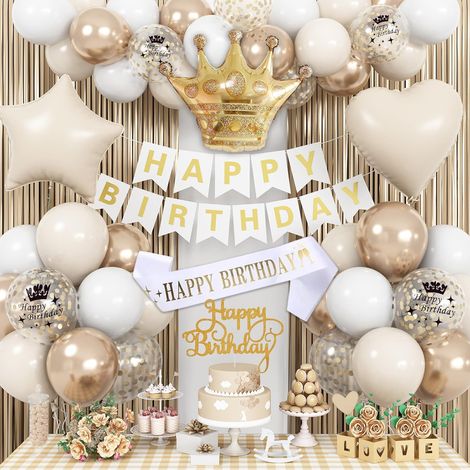 Kit de décoration d'anniversaire blanc et or : ballons crème champagne et or, banderole « Joyeux anniversaire », ballons métallisés et accessoires de fête bohème. (1/5)