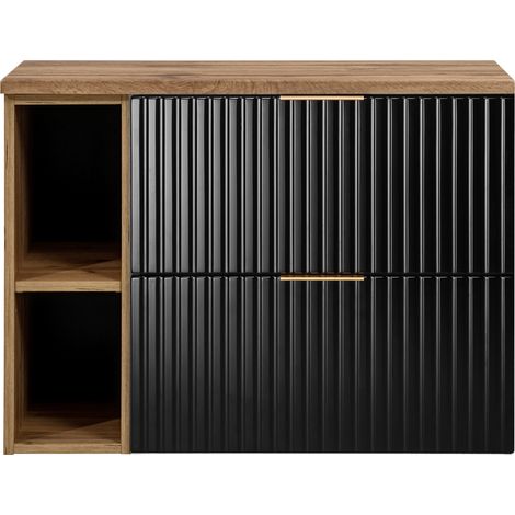 Furnidea - Meuble sous vasque FLOW NOIR 80 cm avec l'étagère - extension et plan chêne - 2 tiroirs - façades rainurées (1/5)