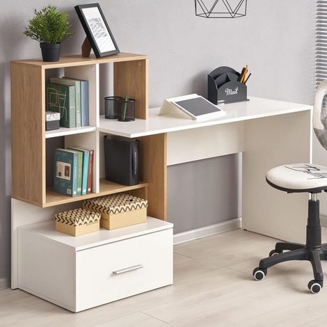 Bureau blanc et aspect chêne avec grand tiroir et étagères STAND (1/5)