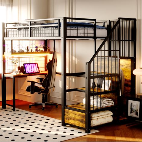 Letto a soppalco in metallo nero 90x200 cm con scrivania, scaffali, prese e scala contenitore (1/5)