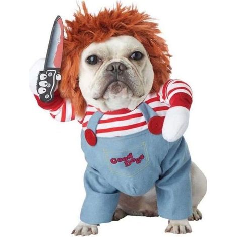 Déguisement de Poupée de Mort pour Chiens effrayant Halloween Cosplay Poupée Chucky Costume de Chien Porter un chapeau drôle de fête Vêtements de Noël Convient pour les grands et les petits Chiens (1/5)