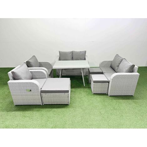 Fimous 9 Seater Rattan Garden Furniture Set Outdoor Love Sofa Set with Rectangular Dining Table 3 Footstools Light Grey (1/4)