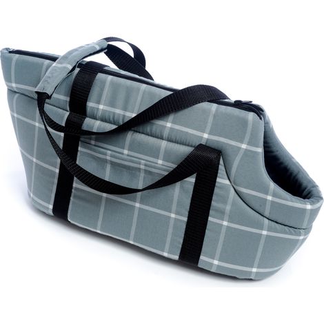 Borsa Trasportino per Cani e Gatti 46x23x25 cm, Trasportino Morbido con Chiusura Zip e Doppi Manici, Borsa da Trasporto per Animali di Piccola Taglia, Fantasia a Quadri Grigio Azzurro (1/5)