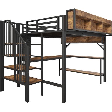 Hochbett 140x200 cm Vintage Braun-Schwarz mit Eckschreibtisch, LED, USB-C und Stauraum (1/5)