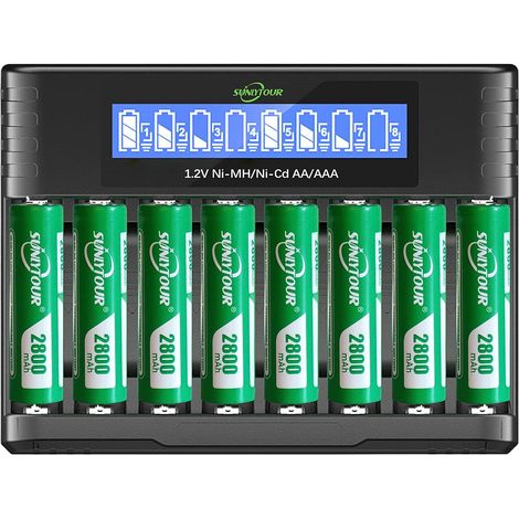 2800mAh Ni-MH AA Batterie avec Chargeur, 8 Piles 2800mAh AA Ni-MH Batterie avec 8 Slots Chargeur de Batterie Jusqu'à 1200 Fois (1/5)
