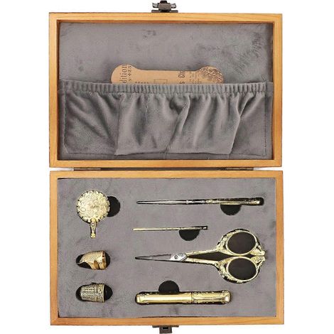 1 coffret de couture vintage en bois multifonctionnel de 30 pièces avec ciseaux, coupe-fil et dé à coudre (1/4)