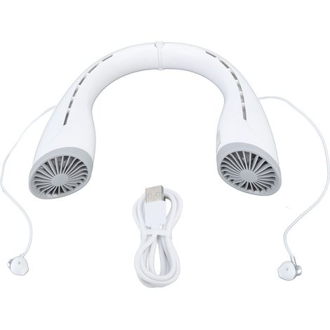 Kabelloser Bluetooth-Nackenventilator mit Kopfhörern, 4000 mAh Akku, USB-aufladbar, freihändig tragbar, leise und klingenlos, Weiß (1/5)