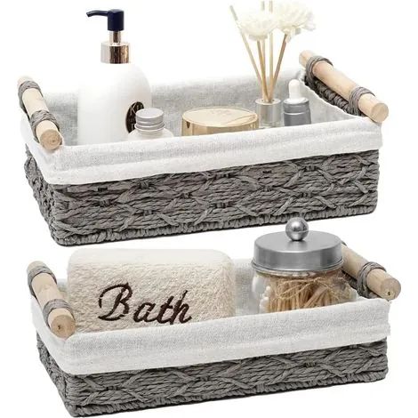 Paniers de rangement en osier pour organiser le rangement sur le comptoir, panier de rangement pour papier toilette à placer sur le réservoir des toilettes (lot de 2, gris) (1/3)
