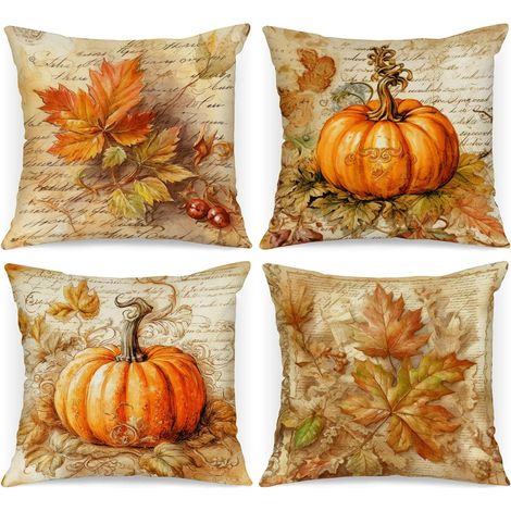 Lot de 4 pièces Housses de Coussin Déco Automne 45x45 cm, Aquarelle Feuille d'érable Citrouille Taies d'oreiller pour Ferme Halloween Literie (1/5)