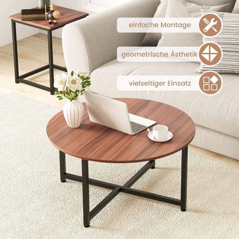 Set di 3 tavolini con robusta struttura in metallo tavolino rotondo e 2 tavolini quadrati marrone