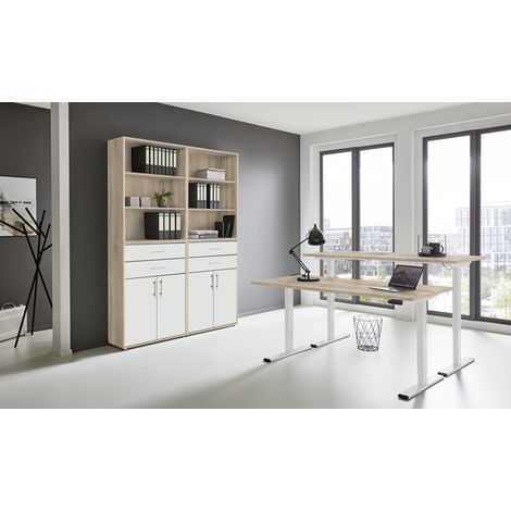 BMG Möbel Büromöbel-Set, e-Office Edition Set 20, Schreibtisch höhenverstellbar, 138 cm, Eiche Sonoma / weiß matt