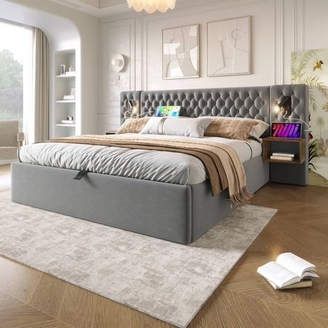 Lit 160x200 cm avec tête de lit led usb, sommier hydraulique et tables de chevet, velours gris, matelas inclus (1/5)
