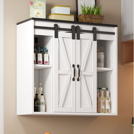 Mueble mural de almacenamiento 80 x 31 x 76 cm con 2 puertas correderas, estantes regulables, MDF blanco (1/5)