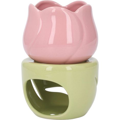 Brûleur d'huiles essentielles en céramique en forme de fleur rose avec support vert et porte-bougie chauffe-plat (1/5)