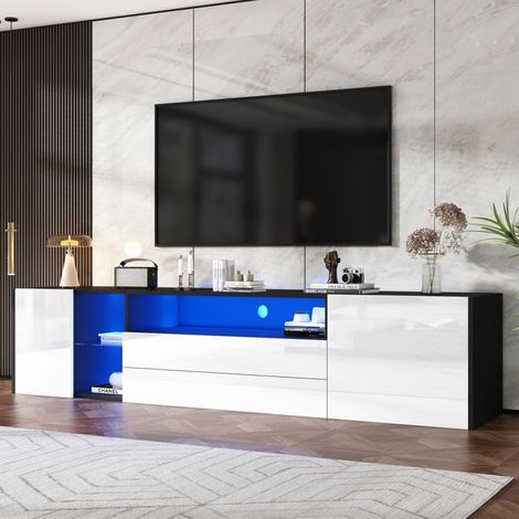 Mueble de TV lacado brillante, negro y blanco, con iluminación LED, 2 cajones y 2 armarios, mueble de salón, 180 x 40 x 45 cm