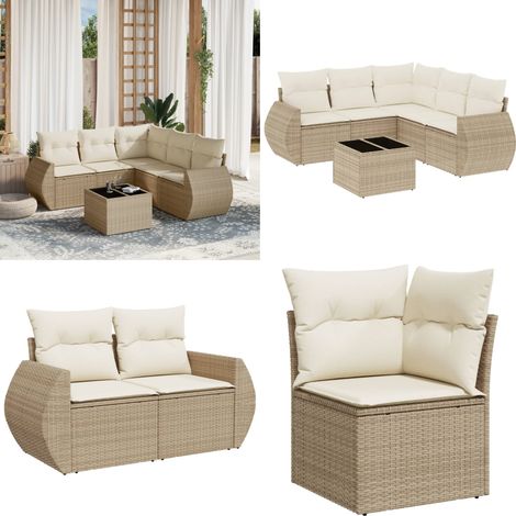 6-tlg. Garten-Sofagarnitur mit Kissen Beige Poly Rattan - Gartenmöbel - Outdoor Möbel - Rattan Gartenset - Lounge Set - Esstisch Set - Home & Living (1/5)