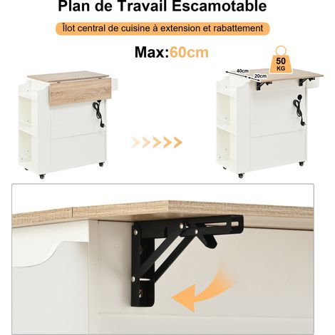 Îlot de cuisine roulant avec plan de travail rabattable, tiroir, placard mobile à étagère, porte-serviettes, porte-épices, chariot de service (1/5)
