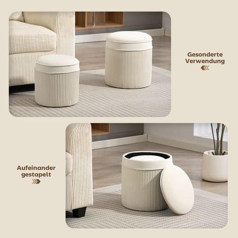 Lot de 2 tabourets de rangement avec couvercle, pouf rond en velours aspect 36 x 36 x 41,5 cm blanc crème (1/5)