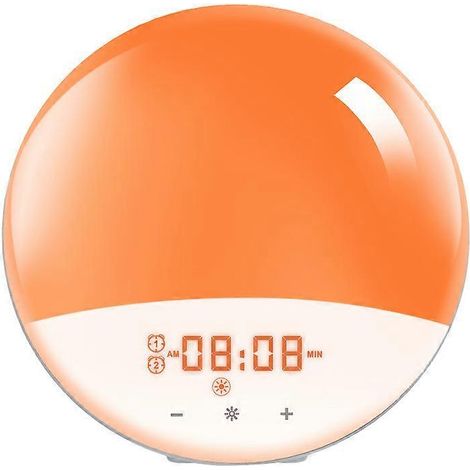 Ce réveil simule le lever et le coucher du soleil, dispose de deux alarmes, de 20 niveaux de réglage de la luminosité, d'une fonction snooze, de 7 effets sonores naturels et d'une radio FM. (1/5)