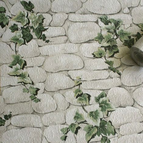 Stone Slate Wallpaper Brick Effect Ivy Textured Embossed White Green Erismann