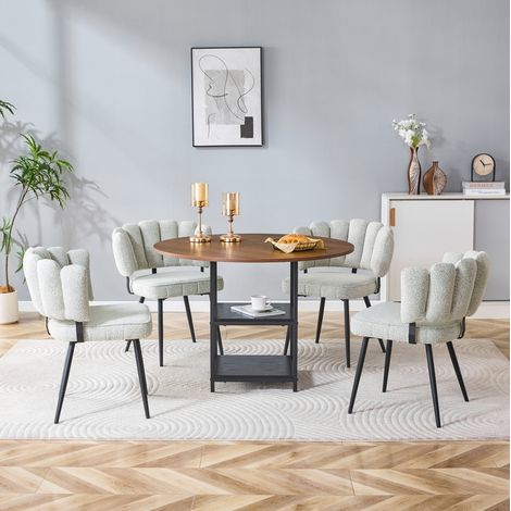 Set tavolo rotondo 107 cm in effetto noce con 4 sedie in bouclé beige chiaro (1/5)