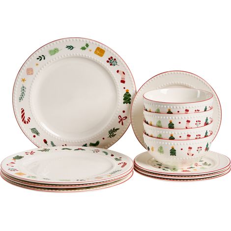 Vajilla de 12 piezas de porcelana hecha a mano con acabado de esmalte reactivo motivo Navidad blanco Saffron