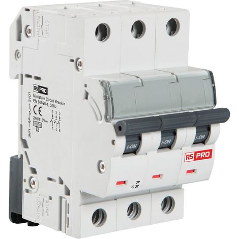 Disjoncteur RS PRO 3P, 32A, pouvoir de coupure 10 kA, montage rail DIN ( Prix pour 1 )