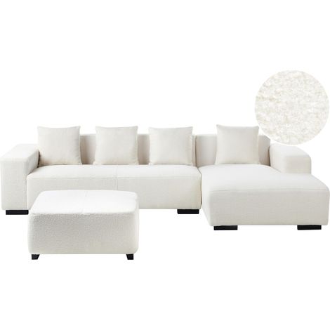 Sofá esquinero en forma de L con cojines 4 plazas de bouclé con otomana blanco izquierdo Lungo (1/5)