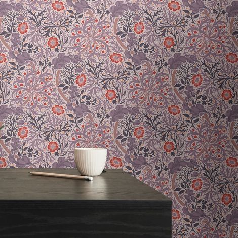 Papier peint intissé violet et rouge à fleurs Tapisserie florale de charme style baroque Papier peint feuillage botanique idéal chambre (1/5)