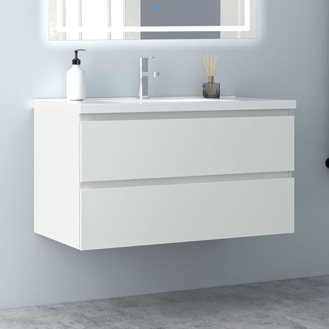 100 cm Badmöbel Set Unterschrank 2 Schubladen soft close Badezimmermöbel Selbstmontierter mit Weiß keramik waschtisch Unterschrank mit Weiß Matt (1/5)