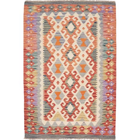 Tapis kilim 102 x 149 cm, ethnique, multicolore orange et rouge, en laine naturelle tissé à plat, artisanal (1/5)