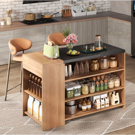 Isola da cucina con barra e tavolo da pranzo 140x60x90 cm MDF nero effetto marmo e naturale OKWISH (1/5)
