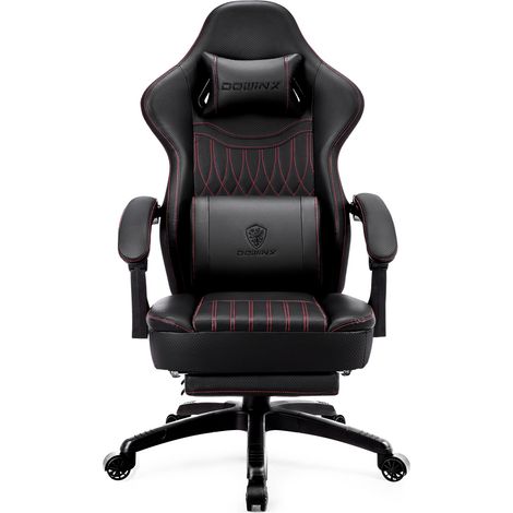 Dowinx Ergonomischer Gaming Stuhl mit Fußstütze, Federkissen, Massage-Lendenstütze, Kunstleder Schwarz