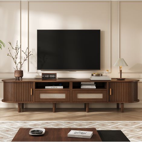 Mobile TV 170x40x40 cm rovere scuro in MDF e legno con rattan, 2 cassetti, 2 ante scorrevoli e piano ovale (1/5)