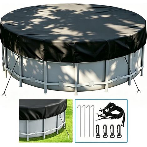 Bâche de piscine ronde 243 x 243 x 20 cm - Tissu Oxford 210D imperméable - Cordes coupe-vent, 4 boucles et 4 piquets inclus - Noir 243 cm (1/5)