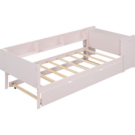 Lit enfant 90 x 200 cm rose avec lit gigogne, bureau et étagères latérales (1/5)