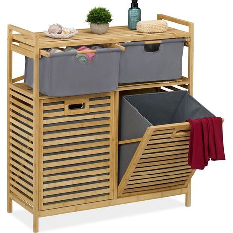 Meuble à linge, 2 sacs, 2 petits paniers, bambou et polyester, H x L x P : 95 x 88 x 33 cm, nature et gris
