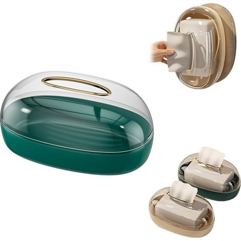 Soporte de pared 2 en 1 sin taladrar: dispensador de pañuelos rectangular para cocina, baño, coche, oficina, verde