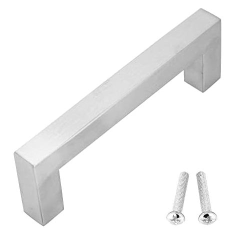 Poignée de meuble en acier inoxydable argenté 128 mm, carrée, pour placard, armoire, porte et cuisine, fixation incluse (1/3)