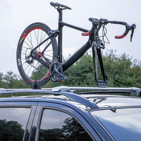 Support vélo avant universel, fixation rapide aluminium robuste avec roulement pour toit de voiture, couleur noir.