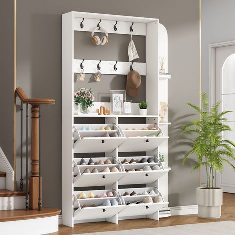 Meuble d'entrée 120x24x200 cm - Porte-manteau avec 8 crochets, armoire compacte, meuble de salon avec 5 étagères, meuble à chaussures 3-en-1 multifonction - Blanc