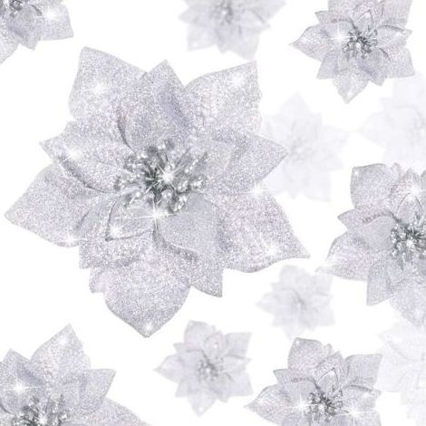 Guirnalda de flores artificiales de poinsettia plateadas brillantes – 36 piezas para decoración navideña, bodas y Año Nuevo (1/4)