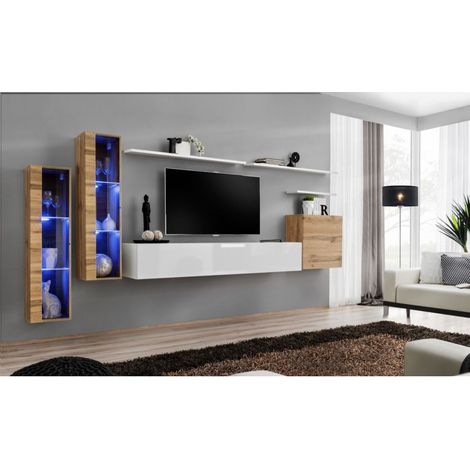 Ensemble mural - Switch XI - 2 vitrines LED - 1 banc TV - 1 vitrine carrée - 3 étagères - Bois et blanc - Modèle 1 - Livraison gratuite