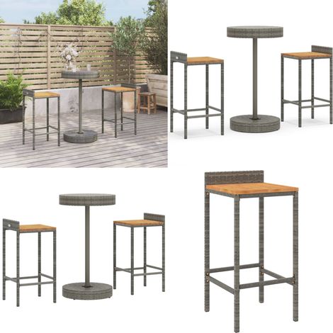 Ensemble de bar jardin 3 pcs gris poly rotin/bois massif acacia - Ensemble Salon De Jardin - Mobilier De Jardin - Set De Bar Extérieur - Table Basse Jardin - Chaise Haute Jardin - Home & Living