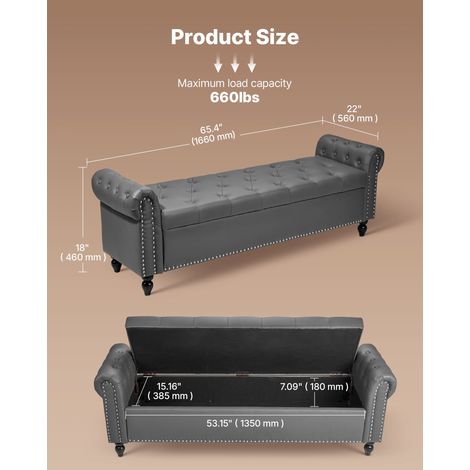 Banc Coffre en Cuir PU 166 cm, Bout de Lit avec Rangement, Accoudoirs et Pieds en Bois, Banquette Capitonnée, Meuble pour Chambre à… (1/5)