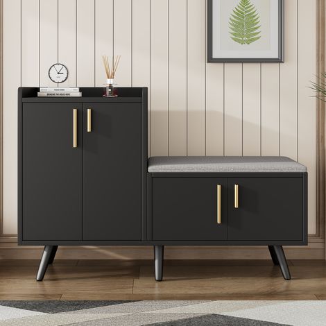 Zapatero con asiento 120/34/82,8 cm, negro y nogal oscuro, con compartimentos interiores (1/5)