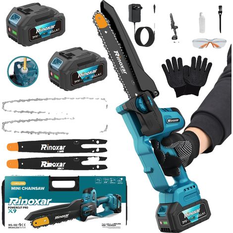 Mini tronçonneuse, moteur sans balais, lubrification automatique, Bleu, 8 pouces, deux batteries (1/5)