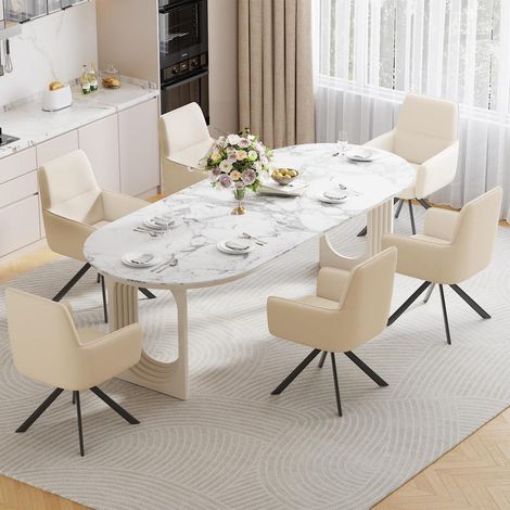 6er Set Esszimmerstühle drehbar mit Armlehne aus Chenille, beige (1/5)
