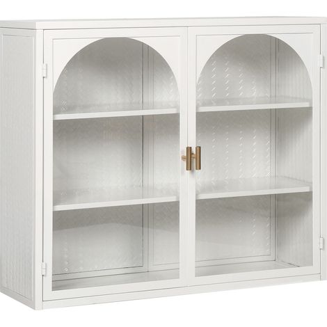 Meuble mural moderne 70CM à deux portes en verre avec rangement à trois niveaux pour entrée, salon, salle de bain et salle à manger, motif tissé caractéristique, blanc (1/5)